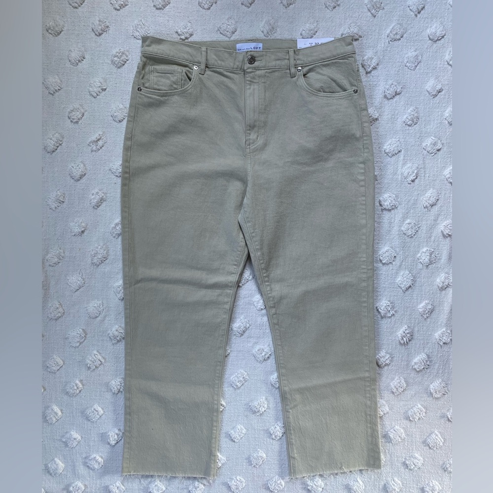 Loft High Rise Straight Crop Denim Jeans Frayed Hems Tan Beige Plus Size 32 - Picture 3 of 10